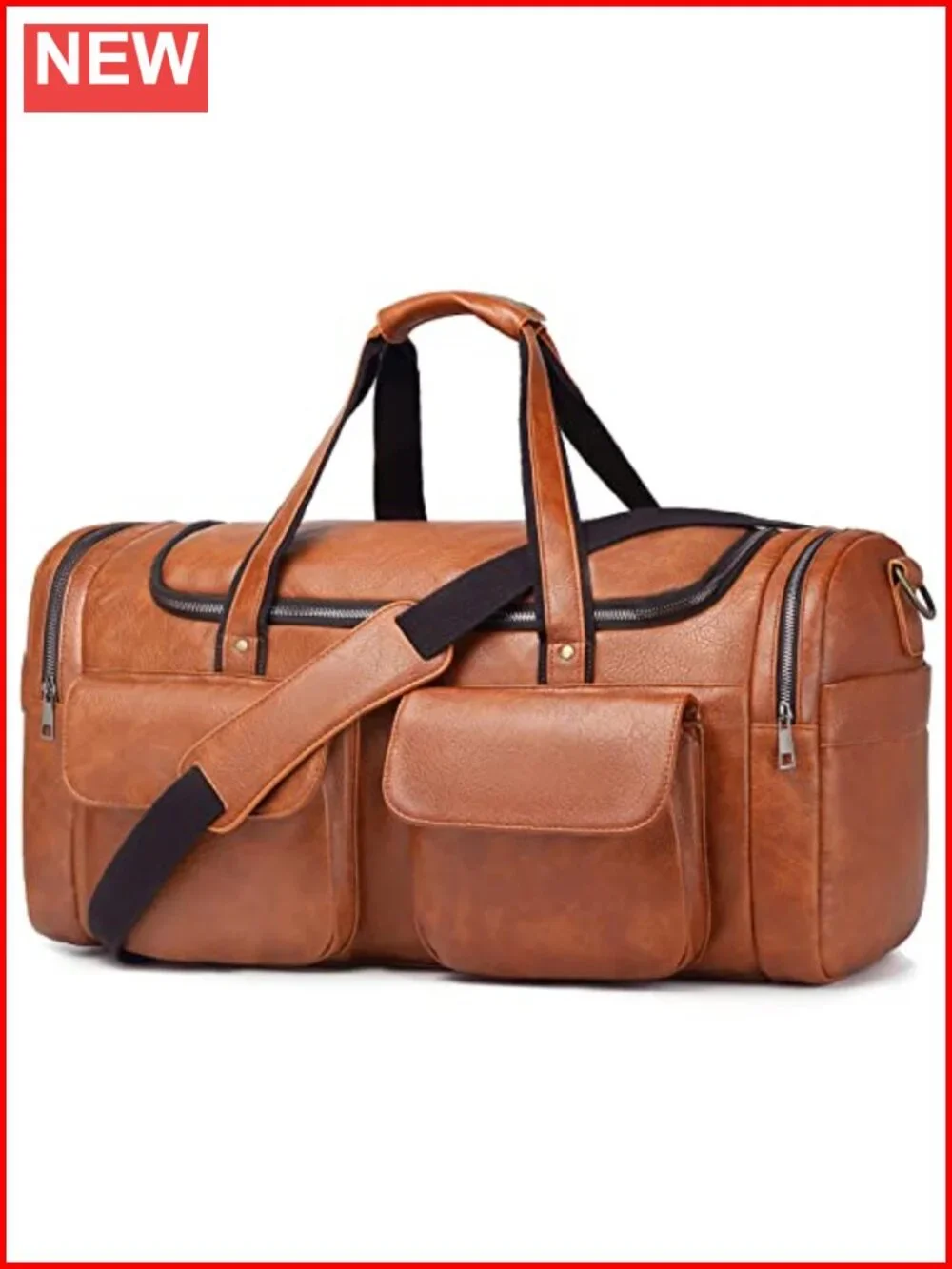 Large PU Leather Travel Duffel Bag with Shoe Compartment, Waterproof Weekender